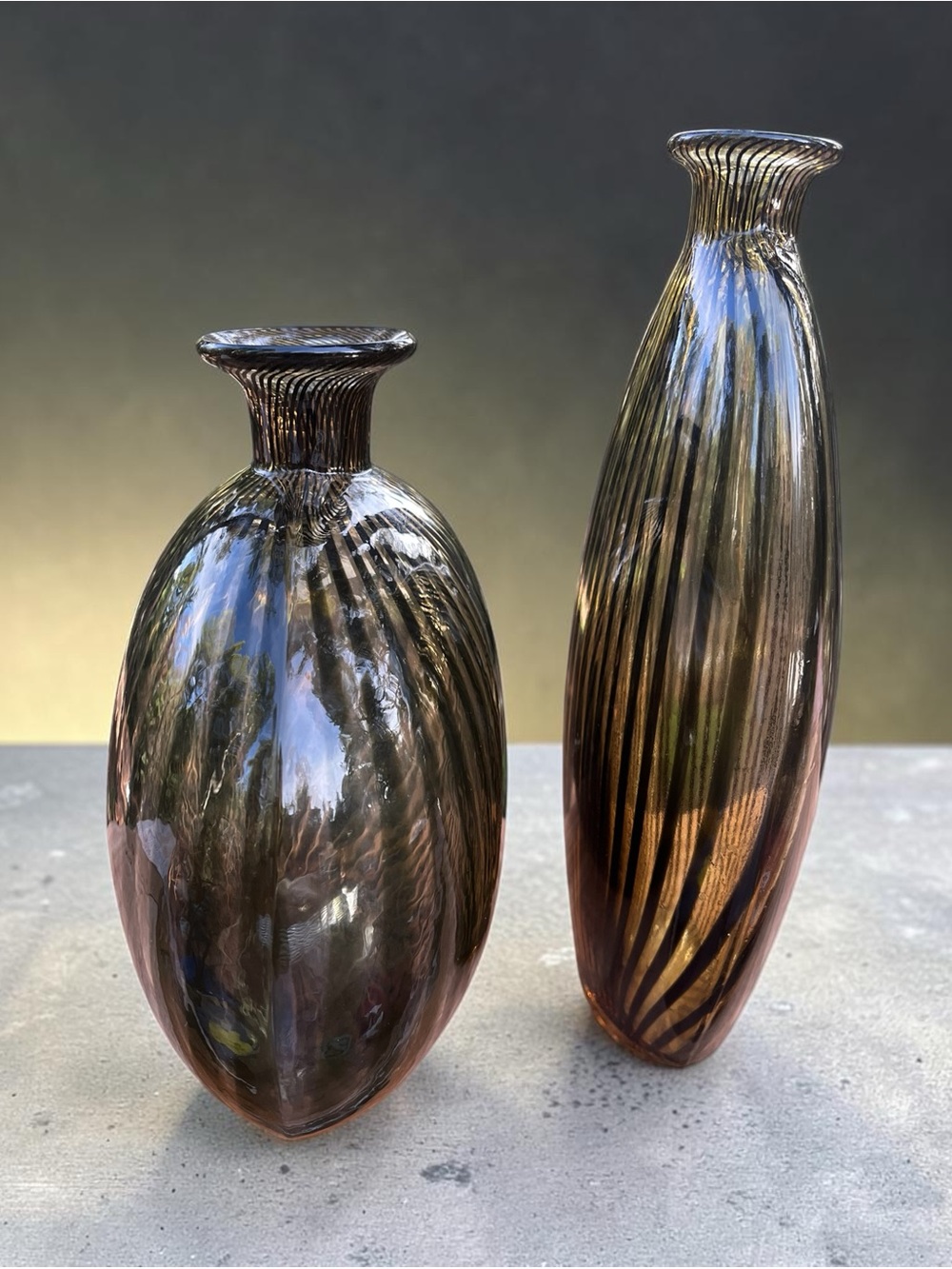 Art Deco style Amber Black stinger Stripe Sculptural Glass Vases Set of 2 - Picture 2 of 13